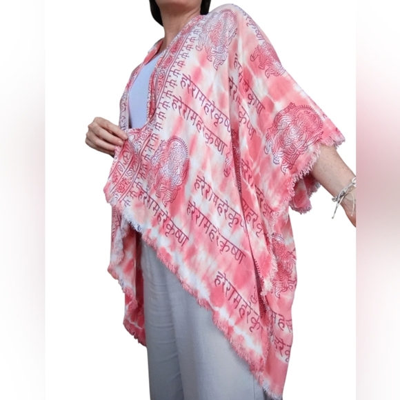 World Market Ganesha Tie Dye Kimono Shawl Pink White Mantra Hippie One Size - Picture 1 of 12
